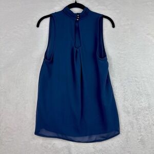 Womens M Navy Sleeveless High Neck Buttoned Neck Blouse Lined Business Casual